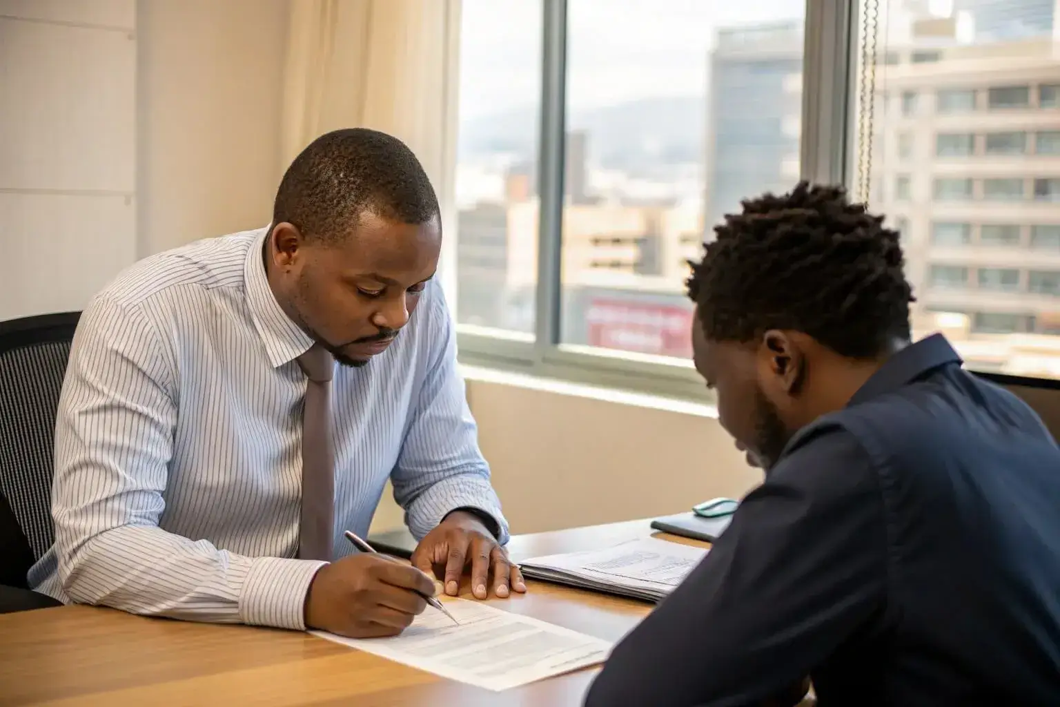 Financial advisor explaining loan terms and conditions to blacklisted applicant in South Africa