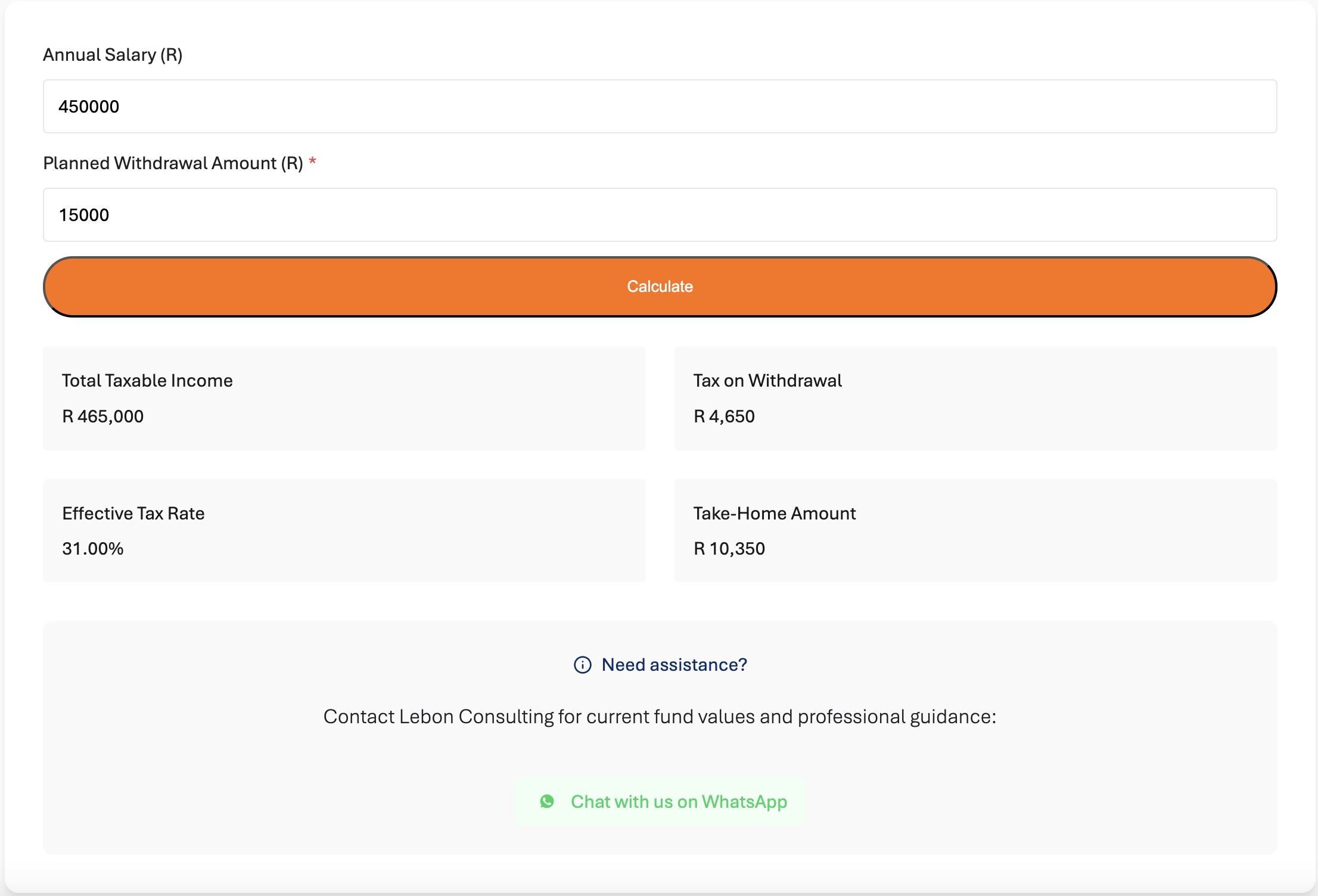 Two-Pot System Tax Calculator showing example calculation