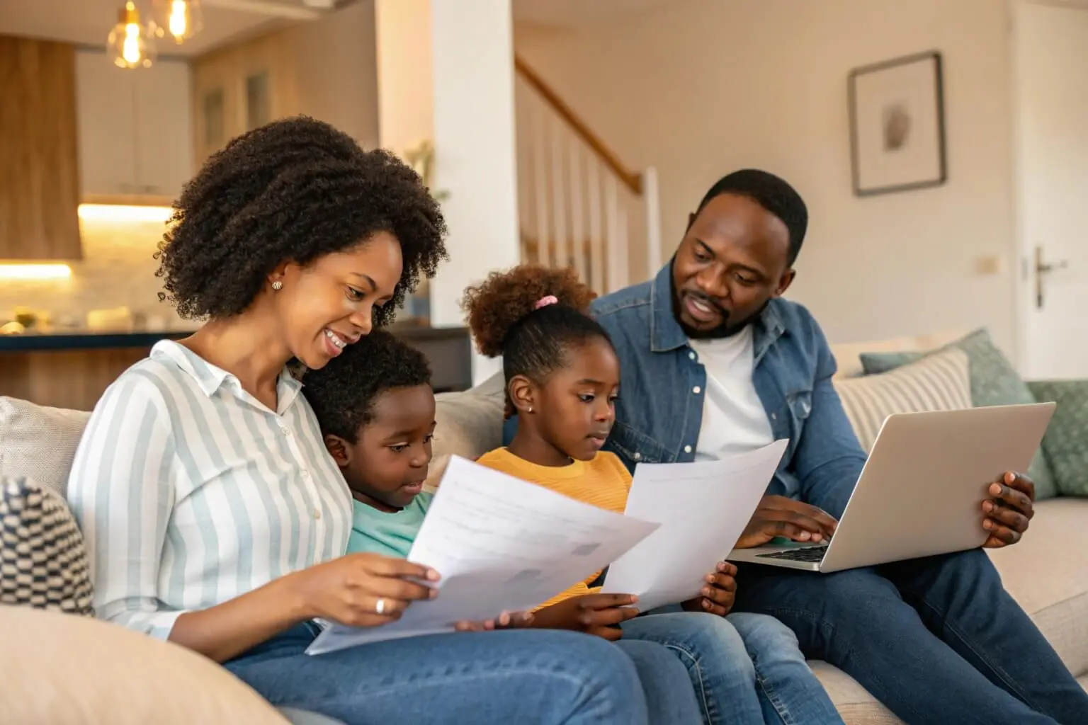 Happy family reviewing their finances together